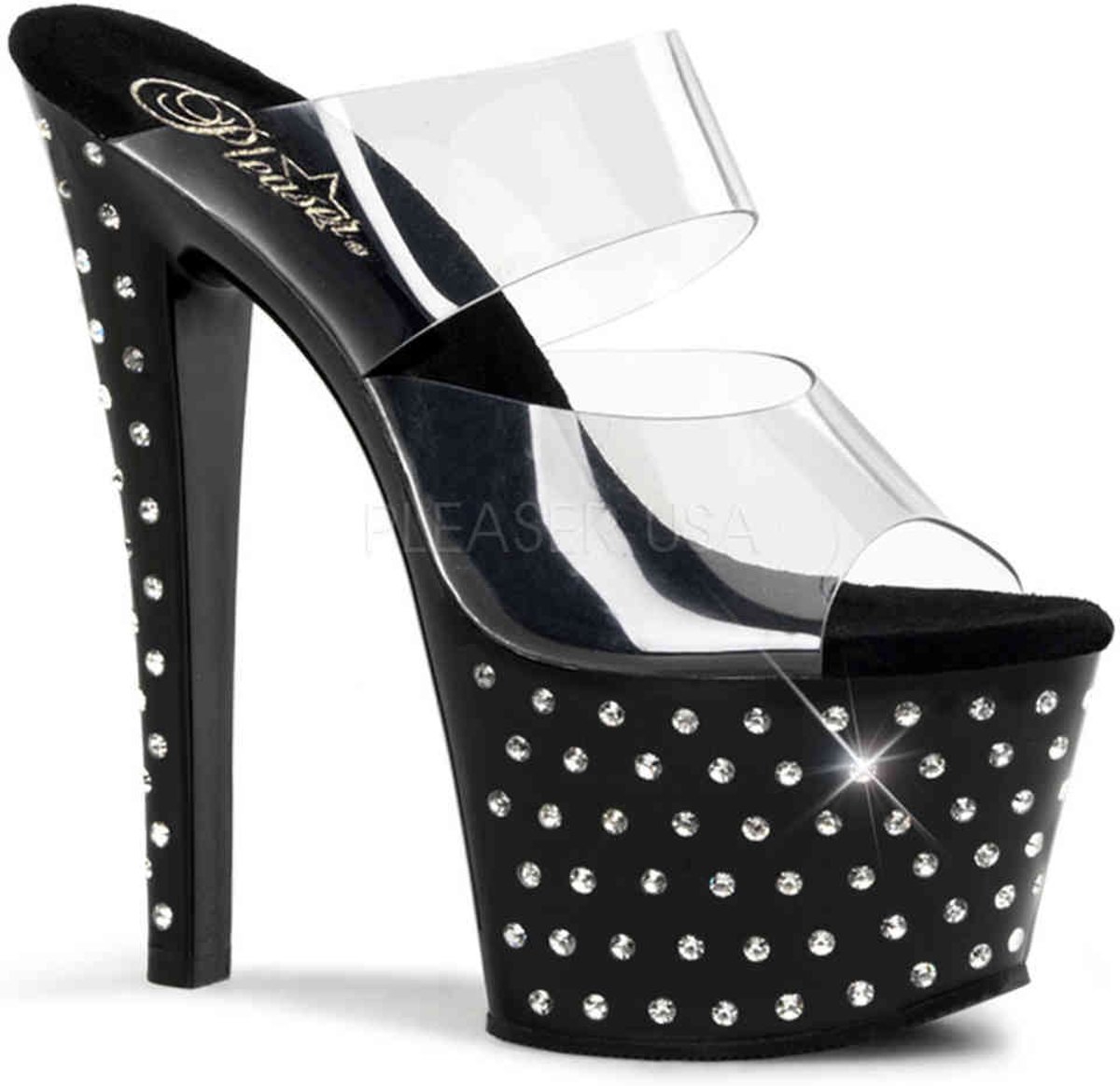 EU 38 = US 8 | STARDUST-702 | 7 Heel, 2 3/4 PF Rhinestone Studded Platform Slide